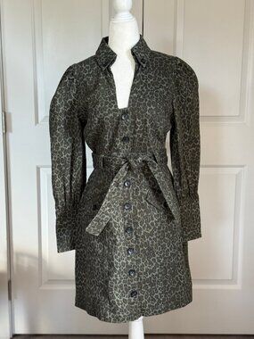 Marissa Webb animal print denim mini shirtdress belted 6/S